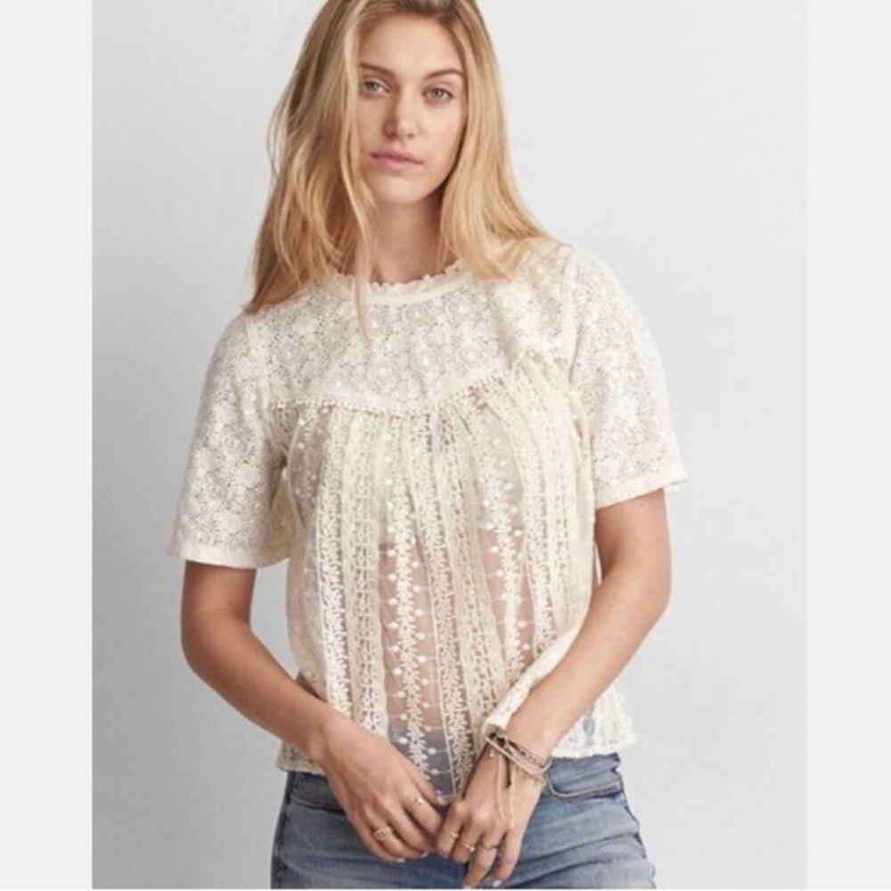 American Eagle Cream Lace Bib Blouse Boho Cottagecore Sheer Embroidered Top S